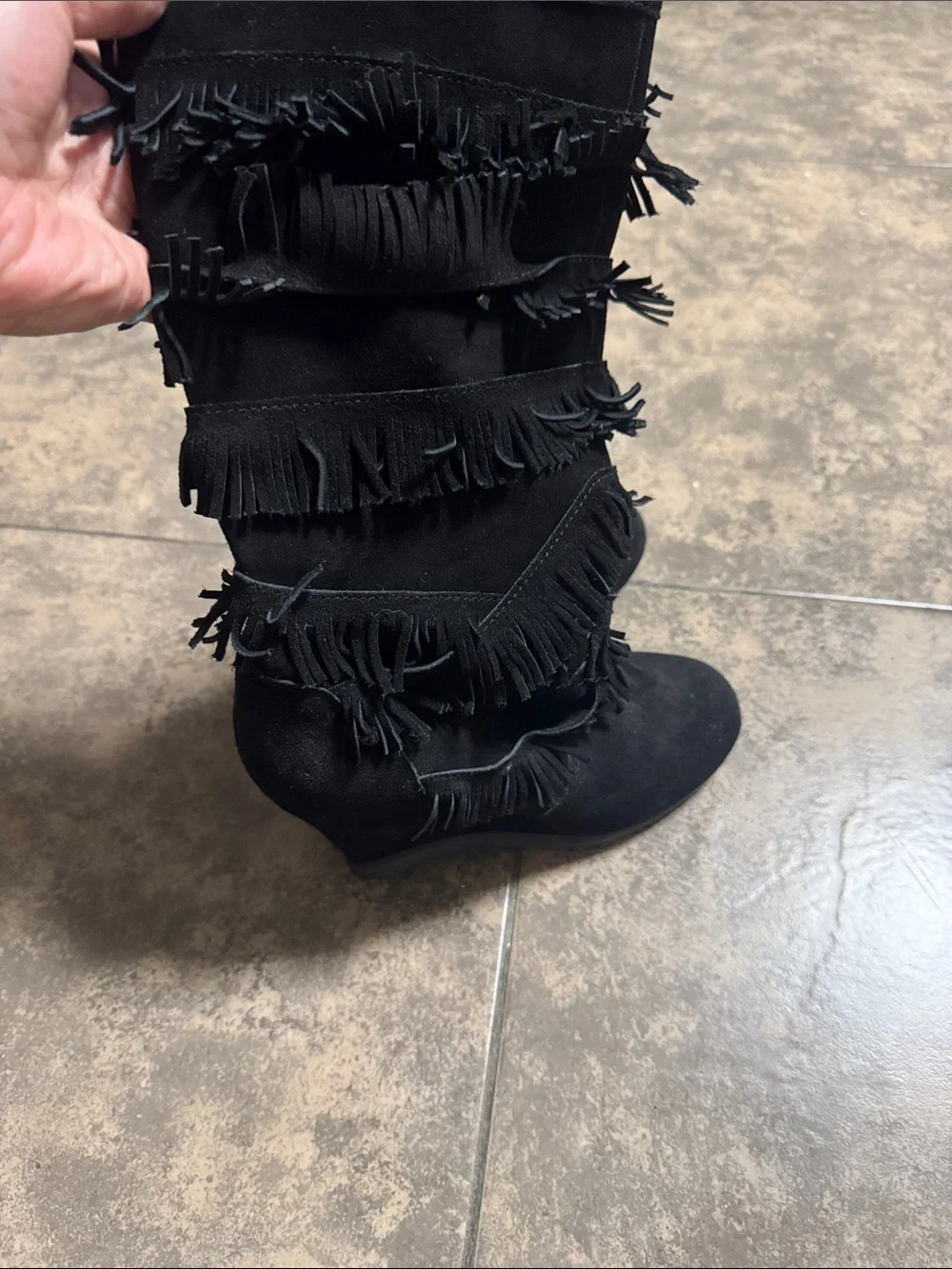 Black Fringe Suede Wedge Boots - Women's Stylish Mid-Calf